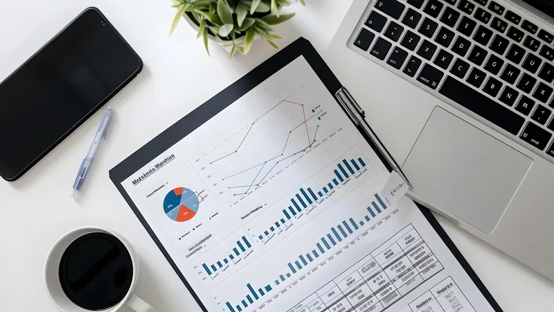 Printed report with market charts on a desk next to a laptop and coffee